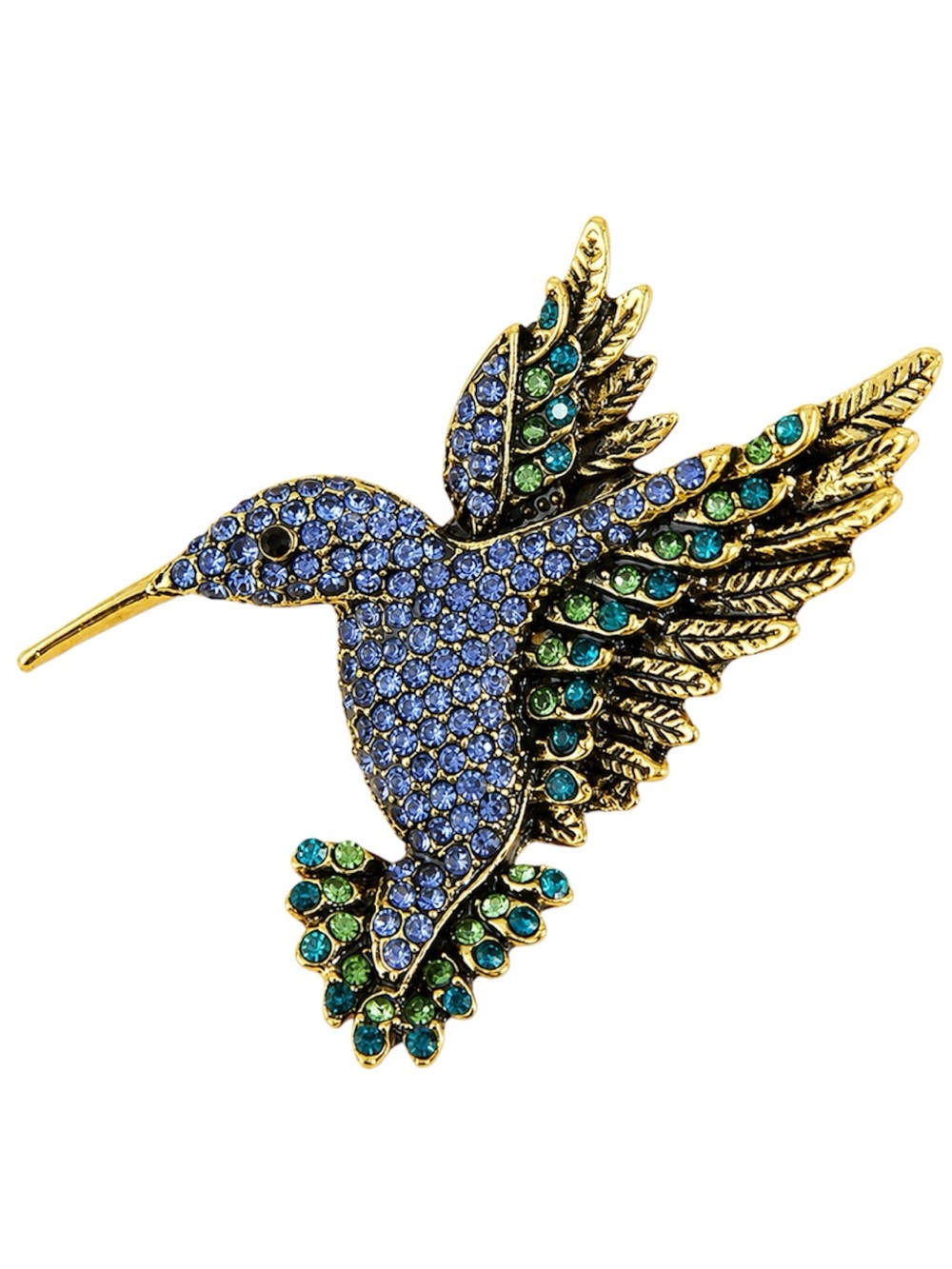 Hummingbird Brooch Pin Blue Green Rhinestone Crystal Gold Tone Bird Jewellery